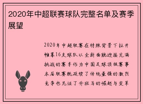 2020年中超联赛球队完整名单及赛季展望